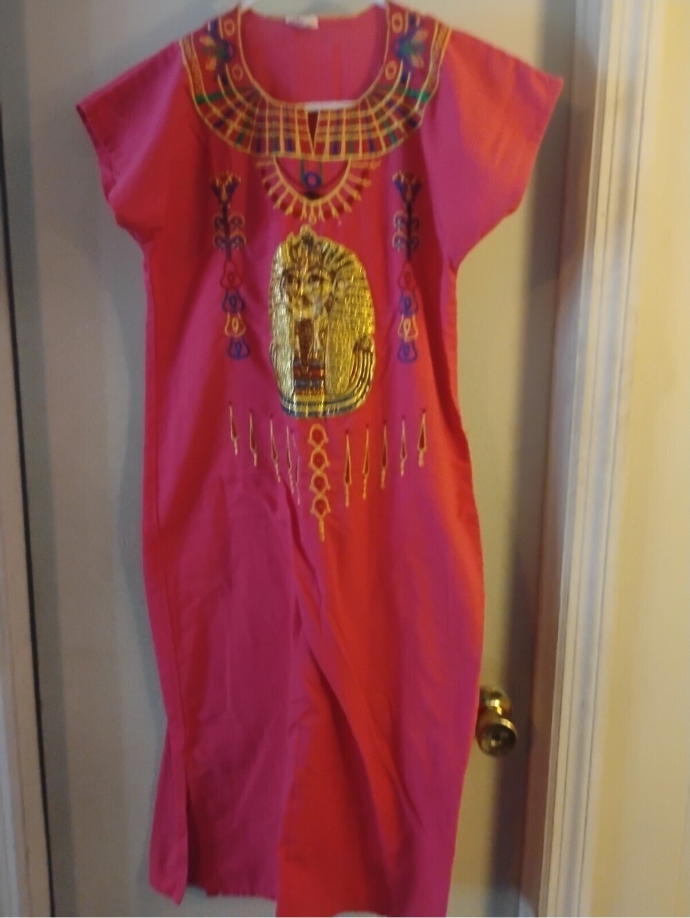 Vintage S.TH 100% Cotton Egyptian Maxi Kaftan Dress Gold Pharaoh Print Size 6